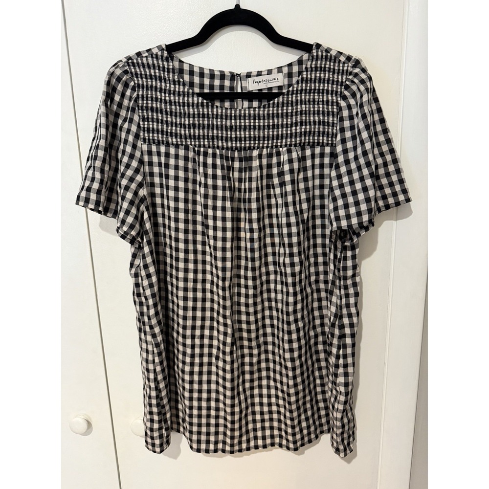 Impressions Women's Blouse Size Large Black White Gingham Plaid Smocked